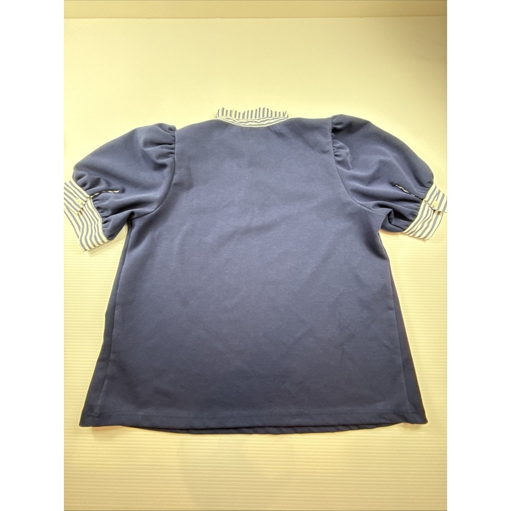 Entro Navy Puff Sleeve Top with Striped Contrast Cuffs & Ruffle Neck M - Picture 8 of 9